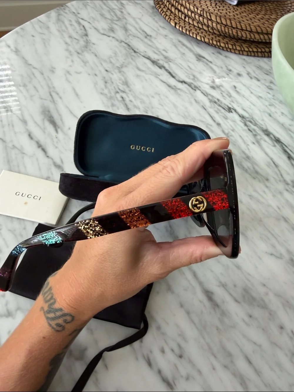 Gucci Black Square Sunglasses with Red & Green Glitter Accents